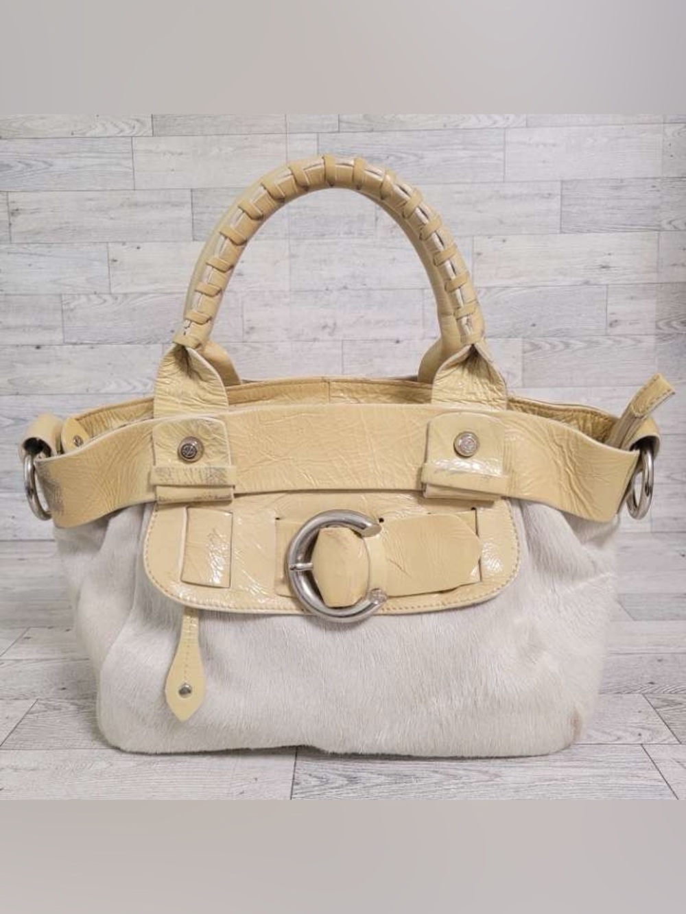 Women’s Francesco Biasia Pony Hair Brown Leather Medium Purse Handbag White
